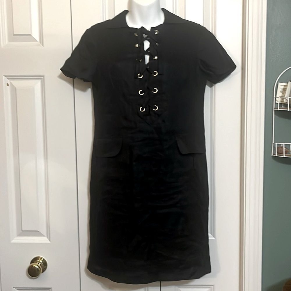 Cremieux Black Linen Short Sleeve Tie Front Midi Shirt Dress Lightweight S